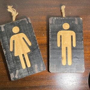 Rustic Black and Gold Wooden Restroom Wall Signs - Set of 2